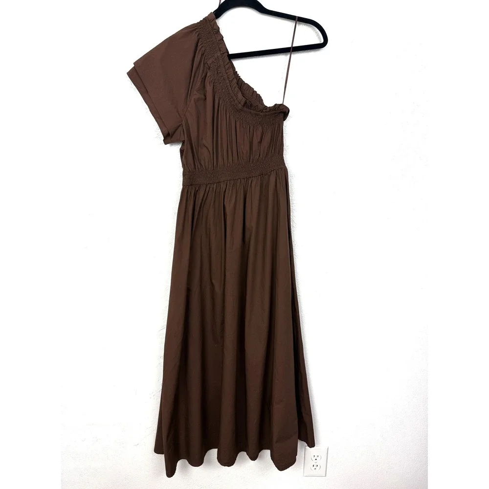 NWT J.Crew Smocked One-Shoulder Midi Dress Brown Cotton Poplin Size XS - Picture 7 of 12